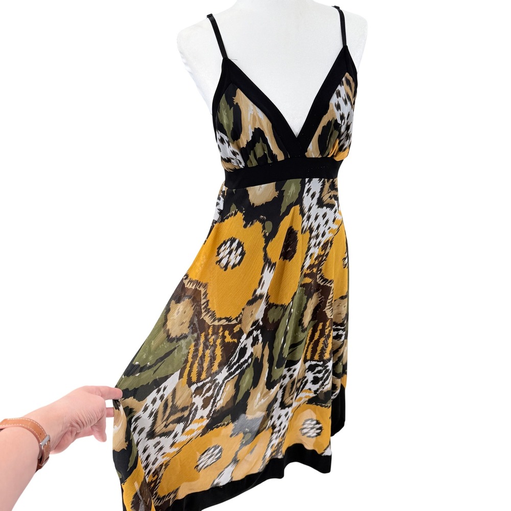 Matri USA Womens Abstract Floral Animal Print Midi Dress Yellow Green Black L